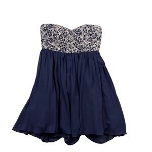 GB Strapless Mini Dress Crochet Sweetheart Neckline Medium Sequin Navy Blue Y2k